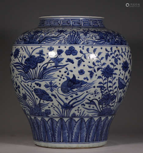 BLUE&WHITE GLAZE JAR WITH MANDARIN DUCK PATTERN