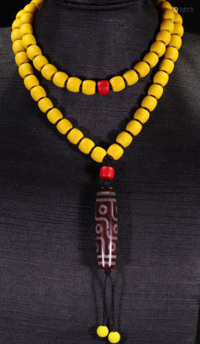 TIBETAN NINE EYE PATTERN DZI&SHERPA GLASS BEAD NECKLACE