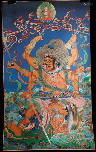 TIBETAN MINERAL PAINTED MAHAKALA BUDDHA THANGKA