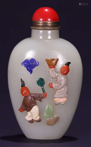 HETIAN JADE WITH GEM DECORATED SNUFF BOTTLE
