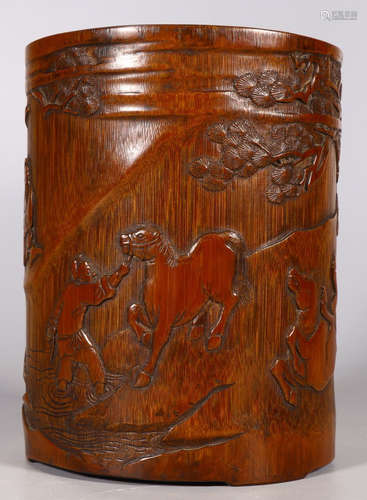 BAMBOO CARVED HORSE PATTERN BRUSH POT