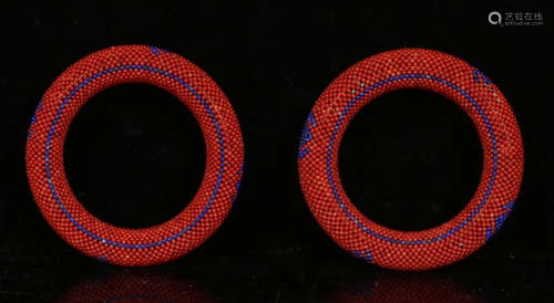 PAIR OF CHENXIANG WOOD&CORAL BANGLE