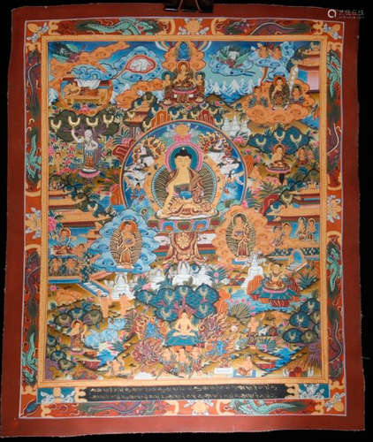 TIBETAN MINERAL PAINTED SAKYAMUNI BUDDHA THANGKA