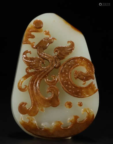 HETIAN JADE SEED CARVED DRAGON&PHOENIX PENDANT