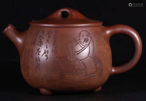 ZISHA CARVED FIGURE PATTERN TEAPOT