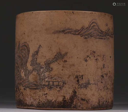 YANGJICHU MARK ZISHA CARVED BRUSH POT