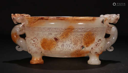 ANTIQUE JADE CARVED DRAGON EARS CENSER