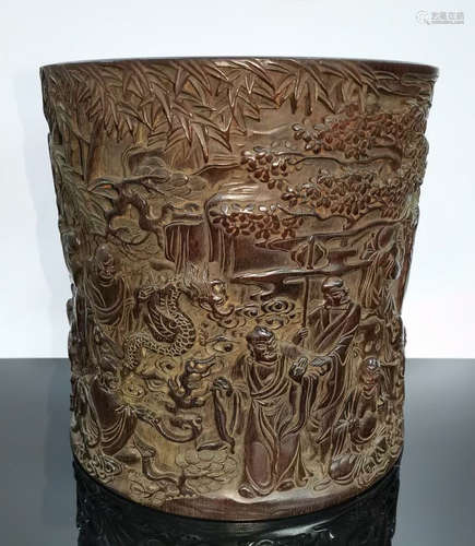 HONGMU WOOD CARVED ARHAT PATTERN BRUSH POT