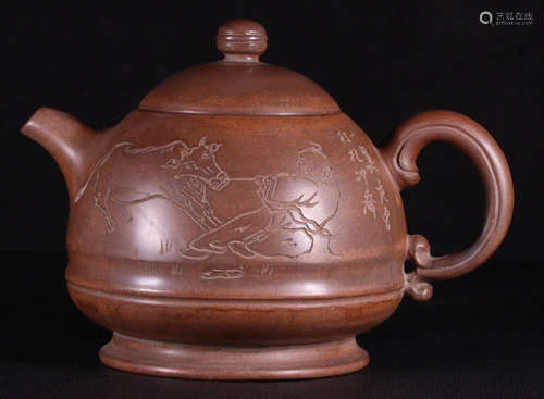 ZISHA CARVED FIGURE PATTERN TEAPOT