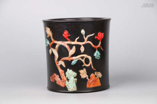 CHINESE HARDWOOD CARVED BRUSH POT WITH INLAY