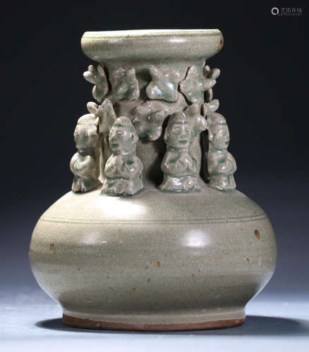 GREEN GLAZE CARVED VASE