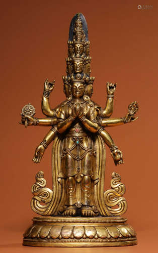 GILT BRONZE CAST GUANYIN BUDDHA STATUE