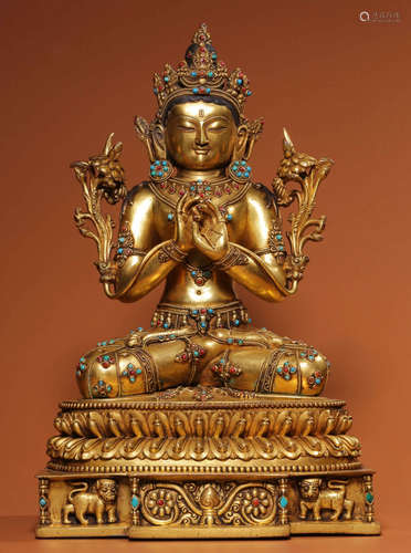 GILT BRONZE WITH GEM DECORATED GUANYIN BUDDHA STATUE