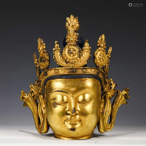 A RARE GILT BRONZE CROWNED BUDDHA HEAD