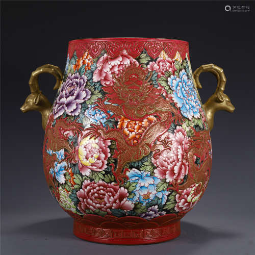 A CHINESE YANG-CAI CARVED DRAGON AND FLOWERS VASE