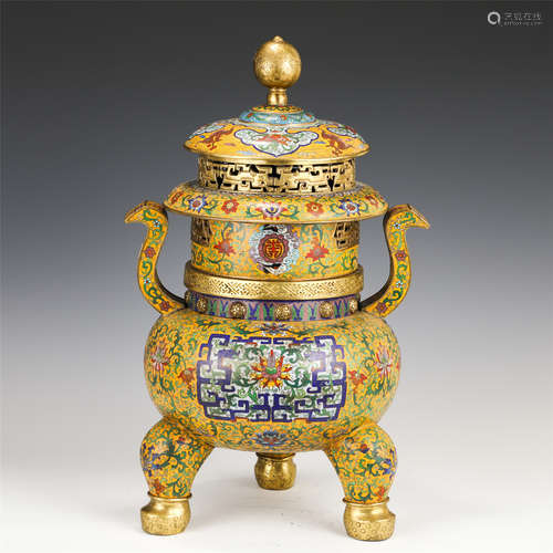 A CHINESE CLOISONNE ENAMEL TRIPOD INCENSE BURNER