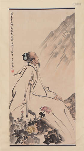 A CHINESE PAINTING OF FIGURE AND CHRYSANTHEMUMS