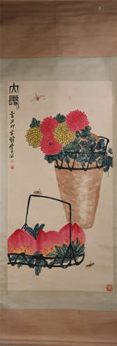 A CHINESE PAINTING OF PEACHES AND CHRYSANTHEMUMS