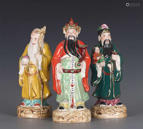 THREE CHINESE FAMILLE ROSE PORCELAIN THREE STAR GODS