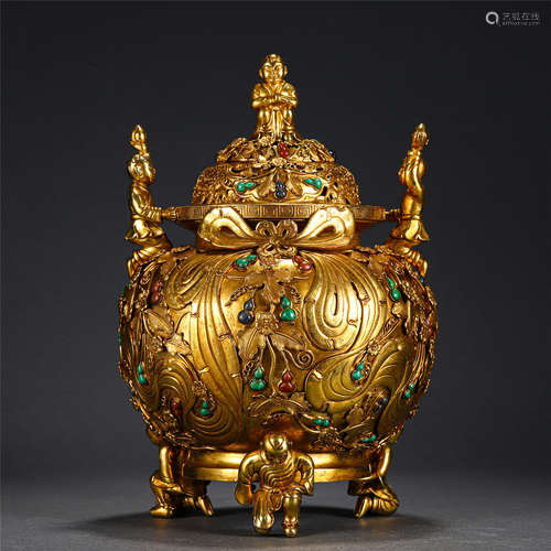 AN IMPORTANT HARD-STONES INLAID GILT BRONZE TRIPOD CENSER