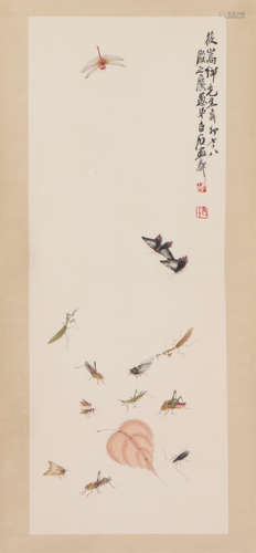 A CHINESE PAINTING OF INSECTS AND LEAF