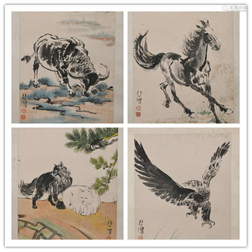 FOUR PAGES OF CHINESE PAINTINGS OF ANIMALS