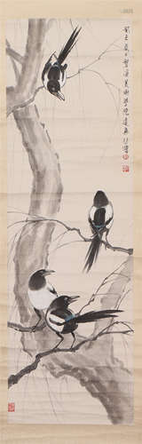 A CHINESE PAINTING OF MAGPIES AND WILLOW TREE