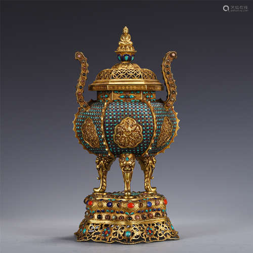 A MAGNIFICANT HARDSTONES INLAID GILT-BRONZE INCENSE BURNER