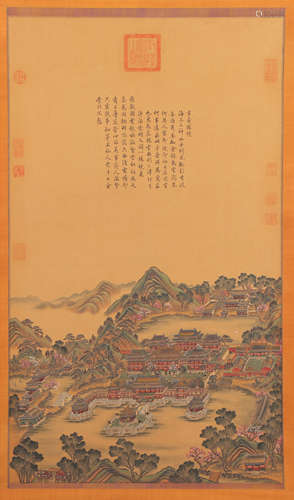 A CHINESE PAINTING OF LANDSCAPE AND PAVILIONS