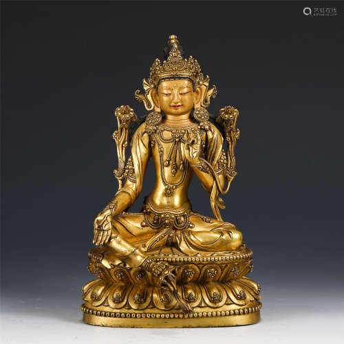 A CHINESE GILT BRONZE FIGURE OF GREEN TARA