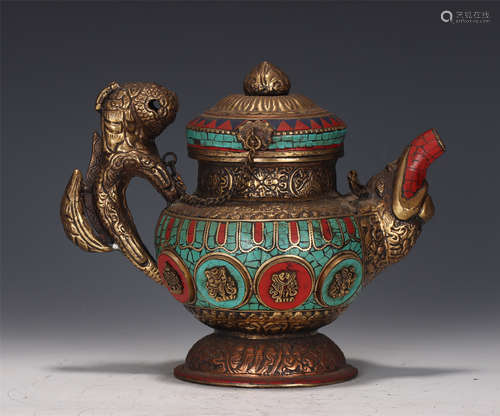 A TIBETAN HARDSTONES INLAID GILT-BRONZE EWER