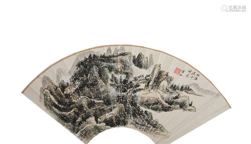 A CHINESE FAN-SHAPE PAINTING OF LANSCAPE