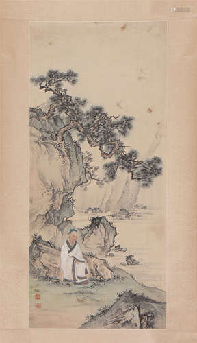 A CHINESE PAINTING OF PINE TREES AND FIGURE