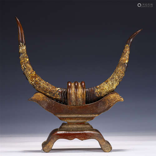 A GOLD DECORATED ANTELOPE HORNS