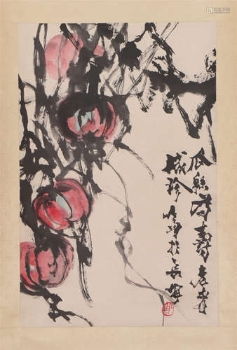 A CHINESE PAINTING OF MELONS AND VINES