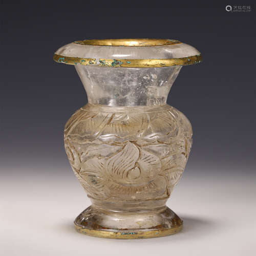 A GOLD MOUNTED ROCK CYSTAL VASE