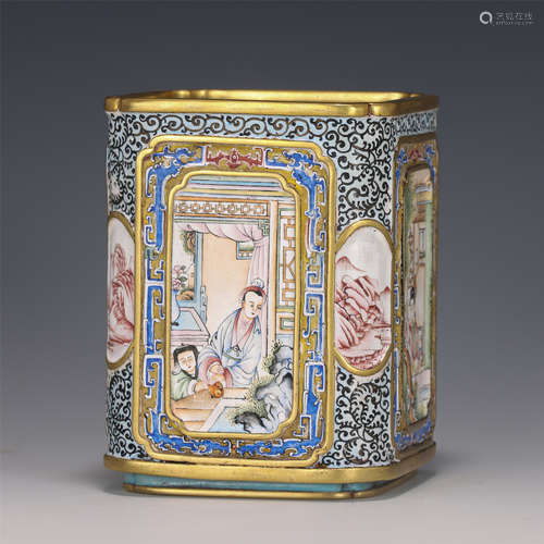 A PAINTED ENAMEL BRONZE SQUARE BRUSH POT