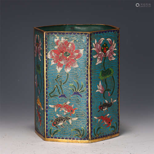 A CHINESE CLOISONNE ENAMEL HEXAGONAL BRUSH POT