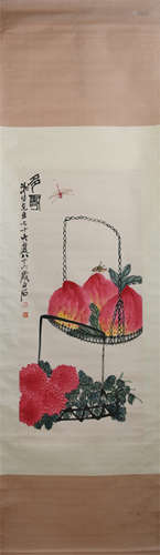 A CHINESE PAINTING OF PEACHES AND CHRYSANTHEMUMS