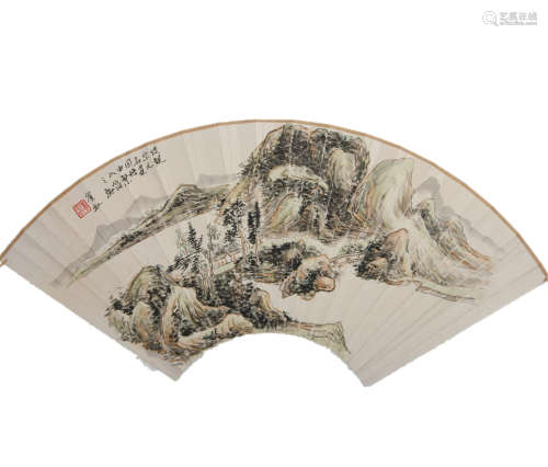 A CHINESE FAN-SHAPE PAINTING OF LANSCAPE