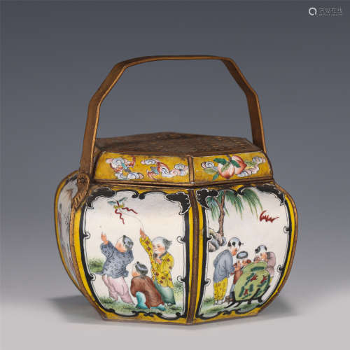 A CHINESE PAINTED ENAMEL BASKET WITH COVER