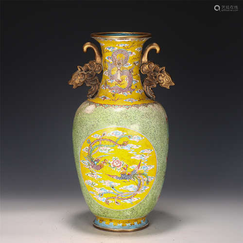 A PAINTED ENAMEL BRONZE DRAGON AND PHOENIX VASE