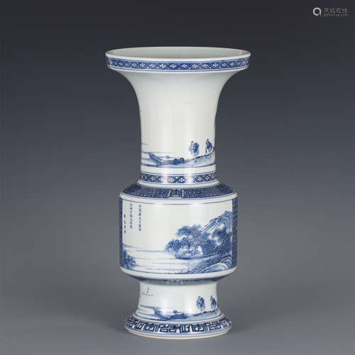 A CHINESE BLUE AND WHITE FIGURAL GU BEAKER VASE