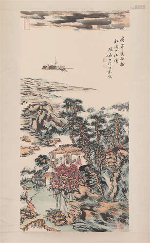 A CHINESE PAINTING OF LANDSCAPE AND FIGURES