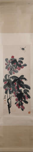 A CHINESE PAINTING OF LITCHI AND DRAGONFLY