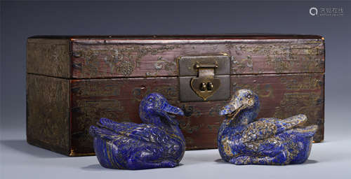 PAIR CARVED LAPIS LAZULI CARVED DUCKS