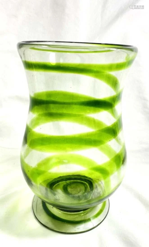 VINTAGE GREEN STRIPE/CLEAR ART GLASS DECO VASE