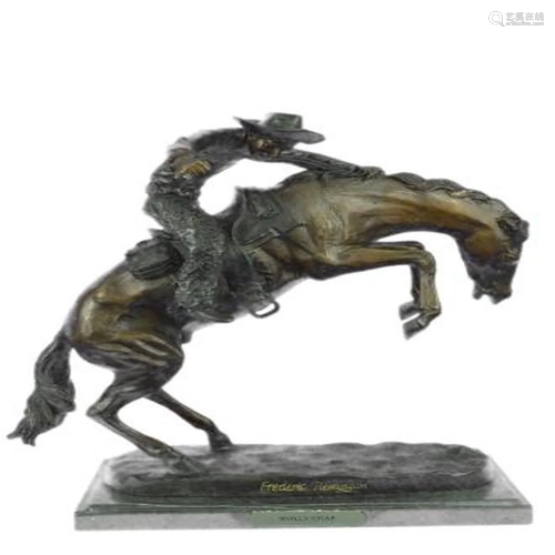 A Cowboy on Horse Woolly Chaps Bronze Sculpture