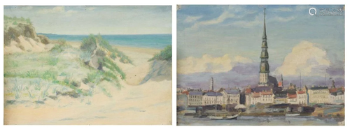 Two-sided oil painting (Riga panorama / Jurmala dunes)