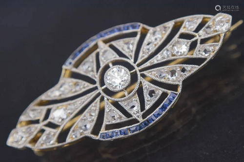 Art deco style gold brooch with diamonds and sapphires